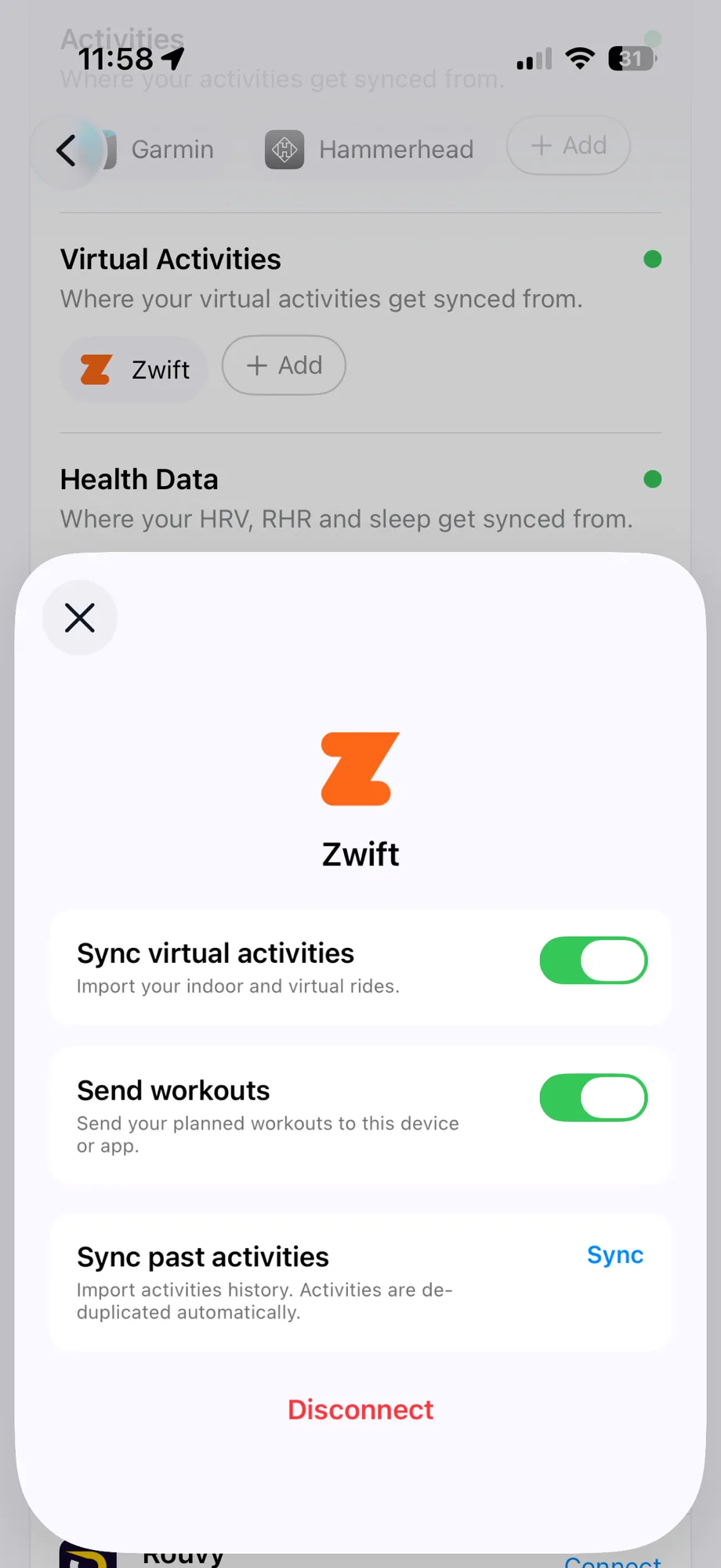 Zwift settings in RestOrTrain: Sync virtual activities, Send workouts, Sync past activities, and Disconnect.